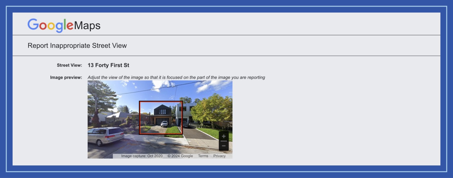 Image of a home in a red box on google map "report a problem" page