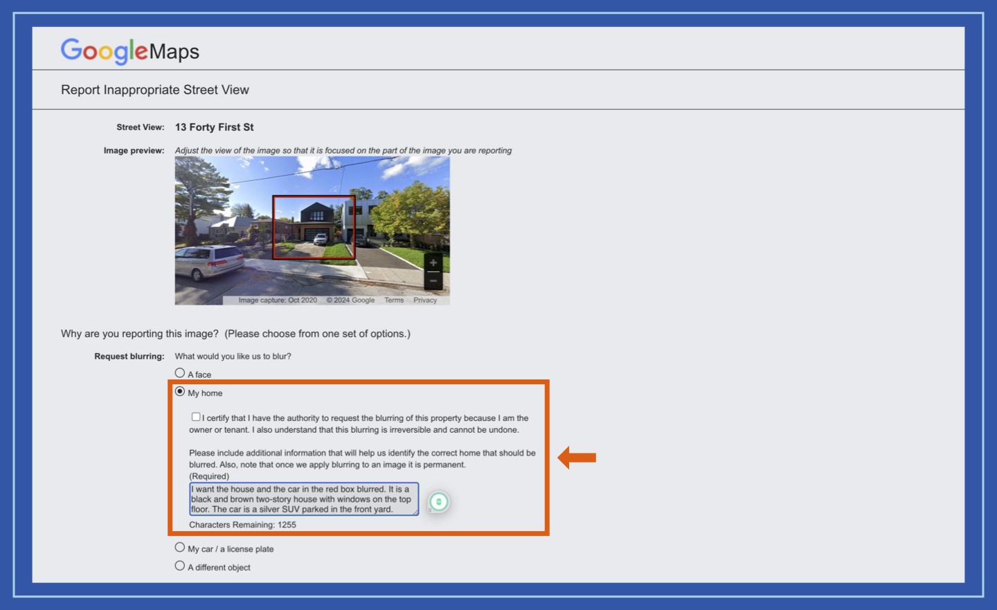 Image of "report a problem" page to blur your house on google map with filled in details