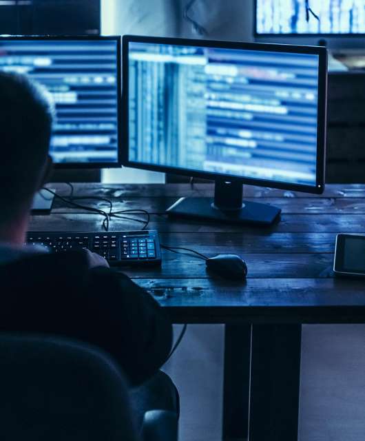 Person in a chair facing two computers with lines of code.