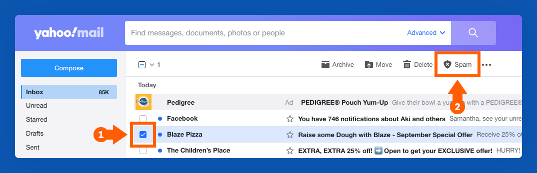 screenshot of how to report spam in Yahoo Mail