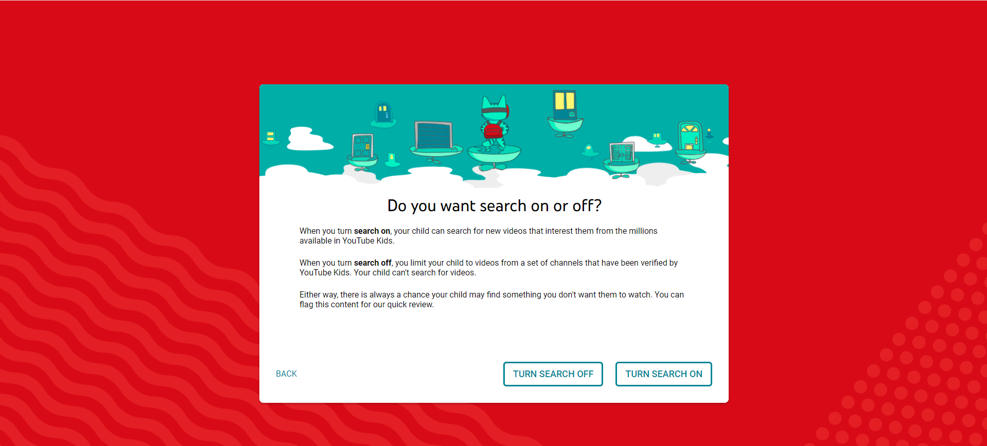 Screenshot of YouTube Kids Search Settings asking Do you want search on or off?