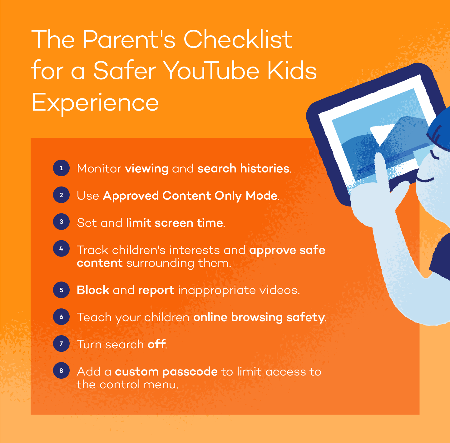 illustration depicting child on mobile device with a checklist of YouTube safety tips for parents.