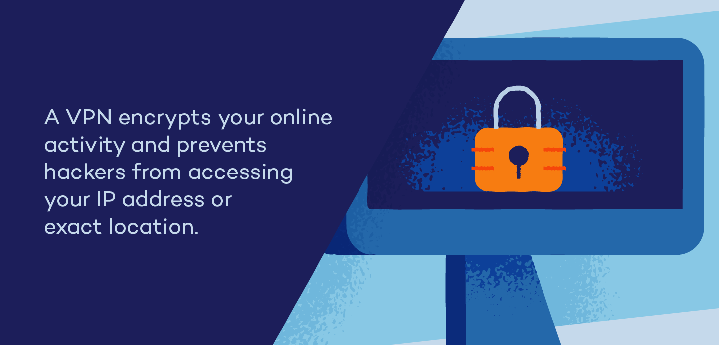 an illustration fo a padlock on a computer screen next to the following text: A VPN encrypts your online activity and prevents hackers from accessing your IP address or exact location.